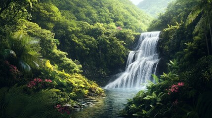 Fototapeta premium A waterfall surrounded by lush tropical vegetation, symbolizing the beauty and power of nature. generative ai