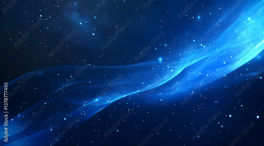 Poster abstract blue background with glowing lights and lines of data flowing through the space, a technolo