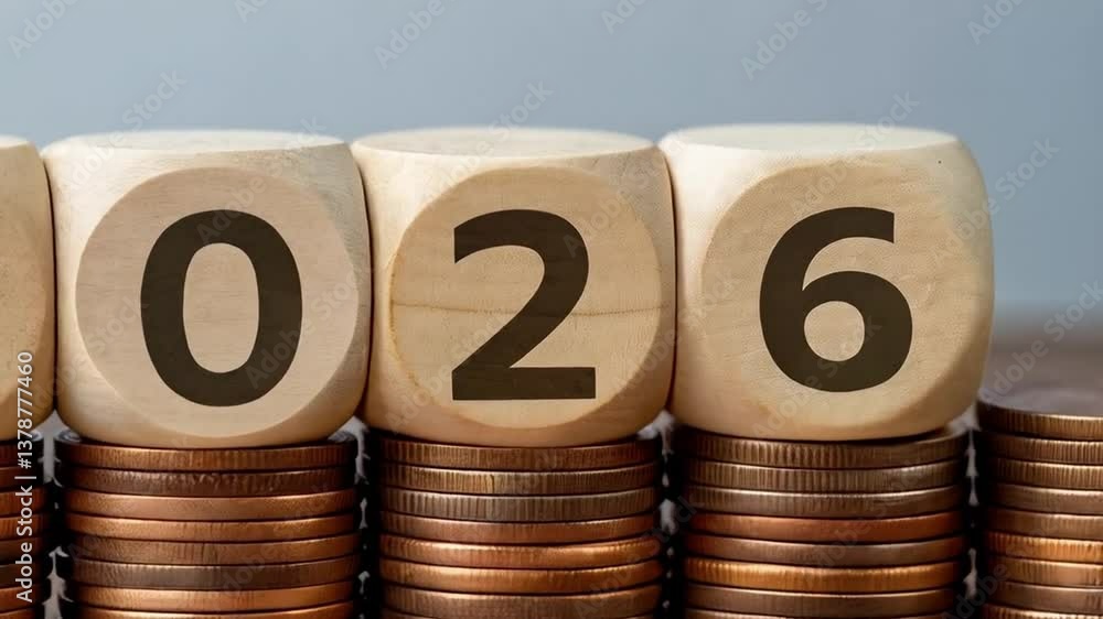 Poster wooden blocks displaying the year two thousand and twenty six on stacks of copper colored coins