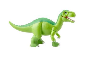 A light green rex dinosaur toy with white teeth isolated on black background