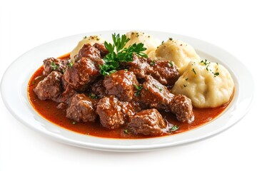 Fototapeta premium A traditional plate of Hungarian pÃ¶rkÃ¶lt (beef stew) with paprika-infused sauce, served with dumplings, isolated on a transparent background.