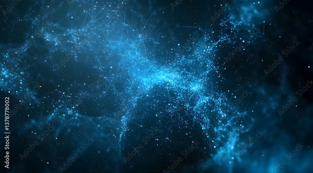 Poster abstract blue digital background with glowing network connections and light particles, forming an in