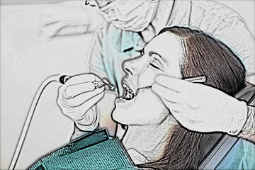 A woman with light hair reclines in a dental chair, her mouth open. A dentist, wearing blue gloves, uses a dental mirror and probe to examine her teeth.