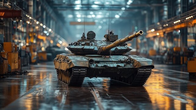 Military tank in a factory assembly line