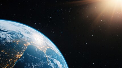 Obraz premium News update bulletin Concept, Stunning View of Earth from Space with Sunlight Illuminating the Atmosphere and Stars Surrounding