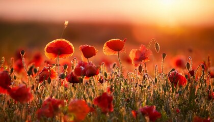 Obraz premium red poppies in the field in sunset light