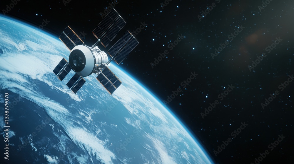 Poster news update bulletin concept, high-resolution satellite in orbit transmitting signals for global com