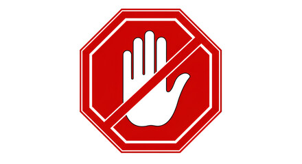 Fototapeta premium Laal rang ka Stop Sign, jis mein dakhla mamnoo ke liye haath ka nishan hai. Safed background par isolate kiya gaya vector illustration. Warning, No Entry aur pabandi ke concepts ke liye behtareen