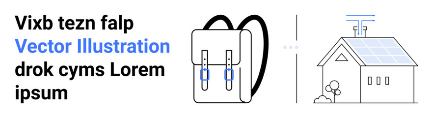 Backpack with utility straps alongside a house with solar panels and antenna. Ideal for sustainability, eco-friendly living, education, renewable energy, travel, modern lifestyle, simple landing page
