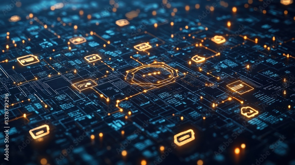 Poster abstract digital network with glowing circuits and icons representing technology connections