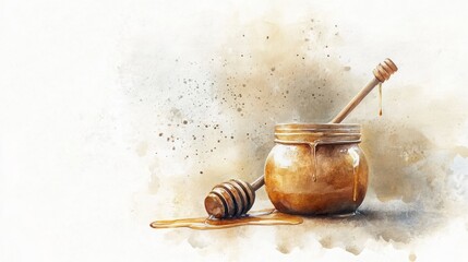 Fototapeta premium Honey Jar with Dipper Watercolor Painting