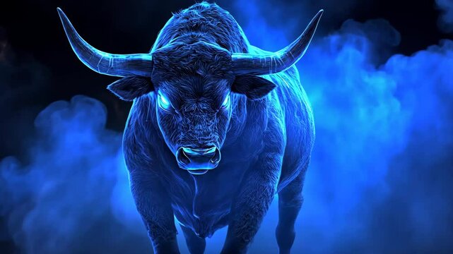 Powerful Blue Bull in Smoky Dark Background