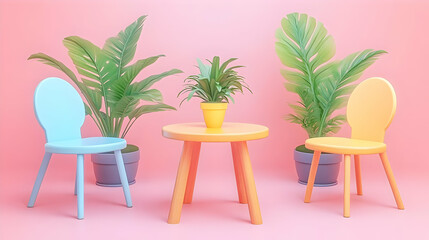 Pixel Art Still Life Scene with Pixelated Chairs and a Table and Potted Plants in an Indoor Studio Setup with Pastel Pink Background