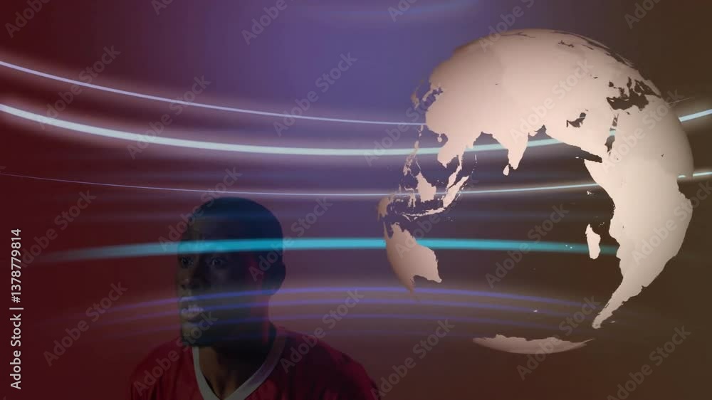Poster soccer player in action with digital globe and light trails animation