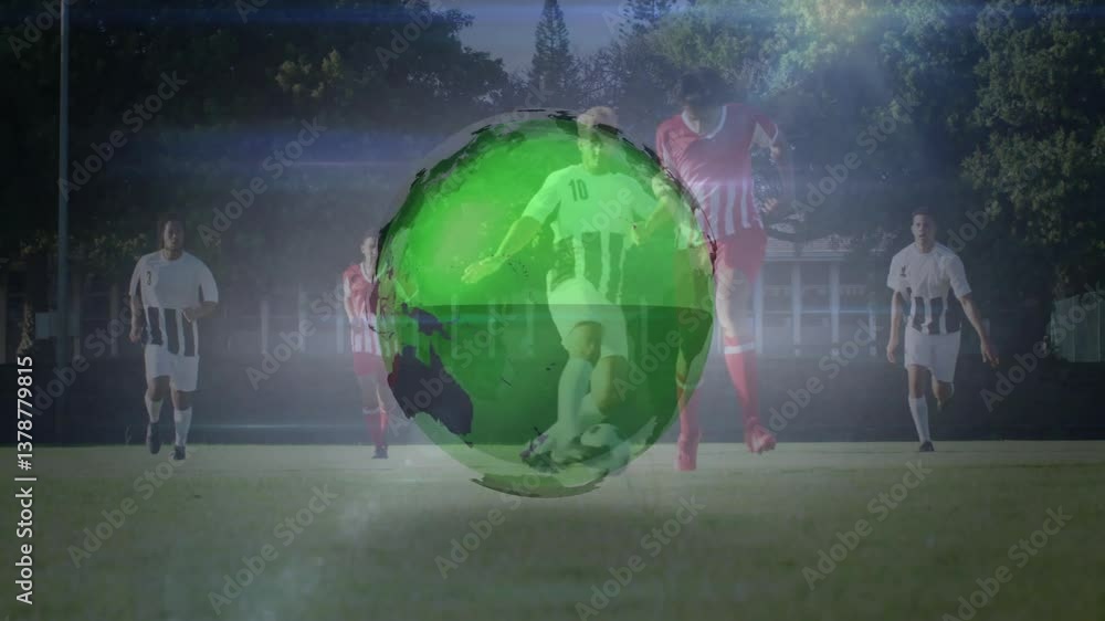 Poster soccer players on field with rotating green globe animation over them