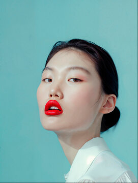 portrait de jeune femme asiatique avec rouge &agrave; l&egrave;vre intense, &eacute;ditorial beaut&eacute; cosm&eacute;tique, soin de la peau et des cheveux, maquillage l&eacute;ger, soin d'hydratation et protection de la peau et des l&egrave;vres