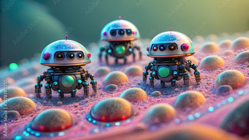Poster three whimsical robots with rounded bodies explore a colorful, textured landscape filled with bubble