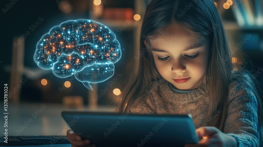 Poster a child focuses intently on an ipad, engaging with artificial intelligence concepts in a warmly lit 