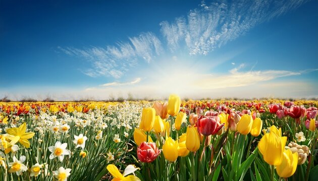 tulip and daffodil flowers in sunny field with blue sky background spring season