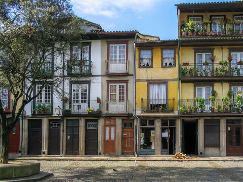 Guimaraes, Portugal. Medieval buildings in the Largo da Oliveira Square. Historical Center of Guimaraes. Unesco World Heritage Site.