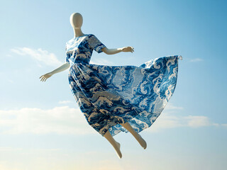 A breathtaking vision of a blue wave-patterned dress floating on a mannequin in the sky. The ethereal design, soft fabric, and graceful movement create a surreal and artistic fashion moment.