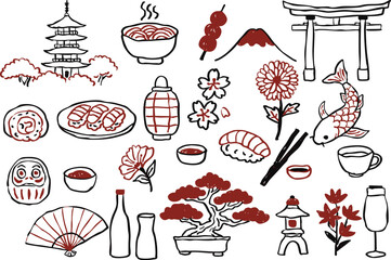 Japanese food and culture illustrations featuring sushi, ramen, lanterns, and traditional symbols evoke rich heritage