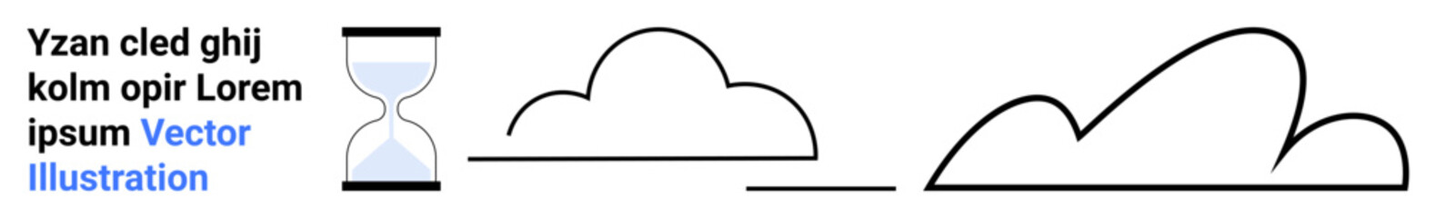 Hourglass with sand, abstract clouds, and placeholder text elements in minimal lines. Ideal for time management, simplicity themes, tech concepts, presentations, abstract design, modern artwork