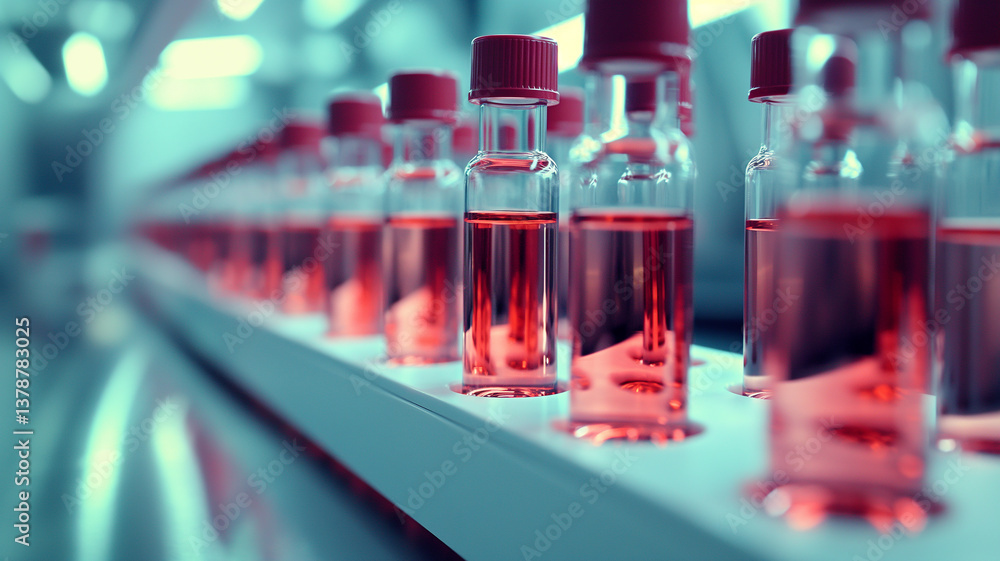 Aufkleber this vials containing synthetic blood with hemoglobin solutions lined up in a futuristic lab.