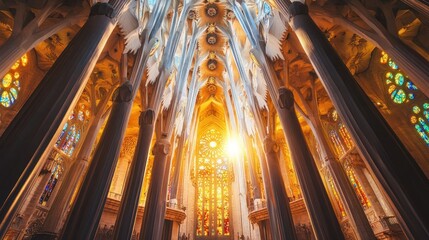 Naklejka premium Majestic interior view of towering cathedral with colorful stained glass windows