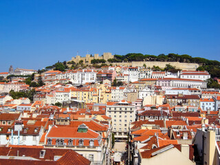 Lisbon, Portugal. Skyline with the Castelo de Sao Jorge, aka Sao George Castle, the oldest districts of Lisbon and Baixa District at the bottom.