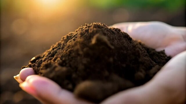 Hands holding soil with ph nitrogen moisture temperature and water drop icons overlaying image