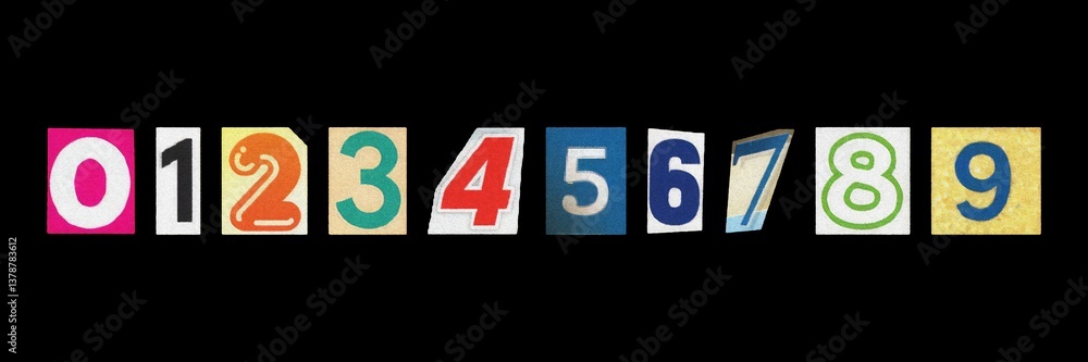 Poster set of cut-out ransom numbers from magazines, isolated digits in retro y2k style on a black backgrou