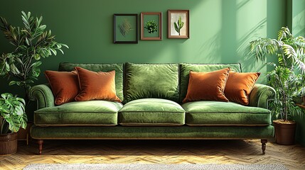 Green Velvet Sofa, Plants, and Artwork