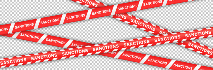 Template of crossed red-white warning lines with word SANCTIONS. Barricade tapes with diagonal stripes isolated on transparent background. Global trade barriers, geopolitical conflict, resctrictions. 