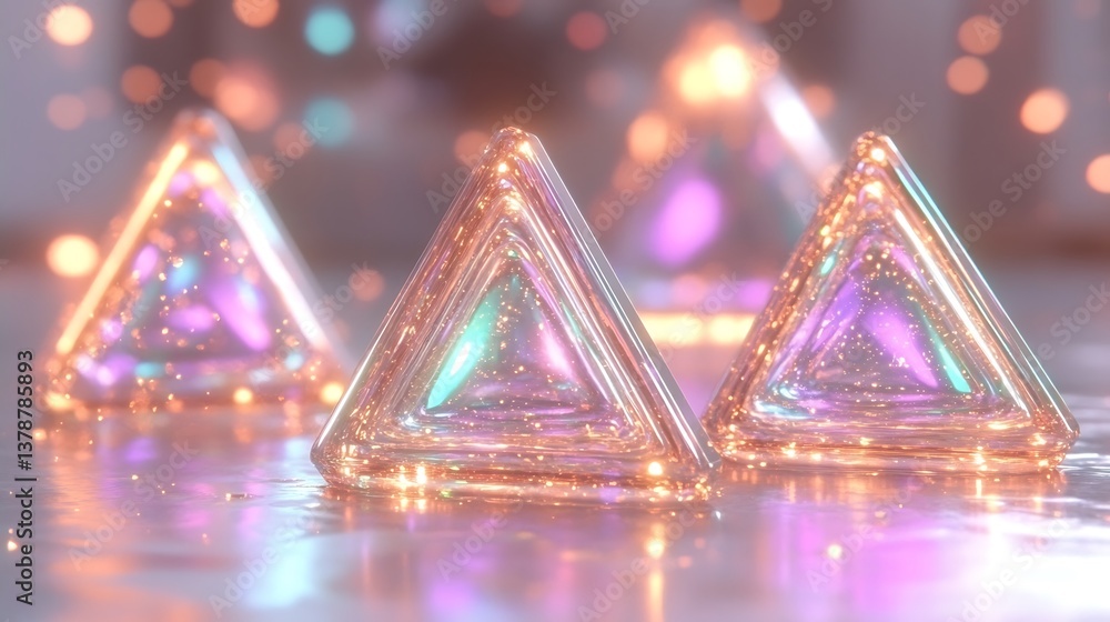 Poster transparent triangular pyramids with internal colorful light reflection shimmer