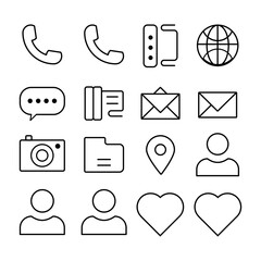 Contact thin line icons set. Basic contact icon collection. Phone, website, message, chat symbol. Vector
