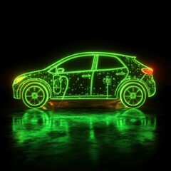 Electric car silhouette glowing in neon green on a dark background with reflective surface at night