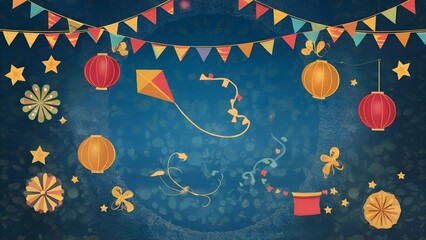 A colorful and vibrant graphic featuring festive elements like kites, lanterns, stars, and bunting on a blue background, suggesting a celebratory atmosphere.