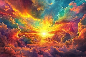 Fototapeta premium Utterly spectacular sunset with colorful clouds lit by the sun. Bright epic sky