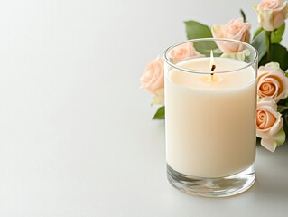 Lit scented candle in a glass with roses, representing home fragrance, spa, and relaxation.