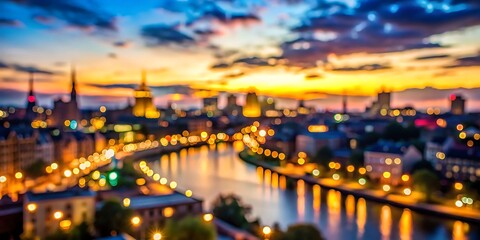 Fototapeta premium Show a blurred cityscape at twilight with glowing city lights creating a bokeh effect.
