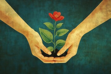 Two hands nurturing a small plant, symbolizing care and growth in a textured background.