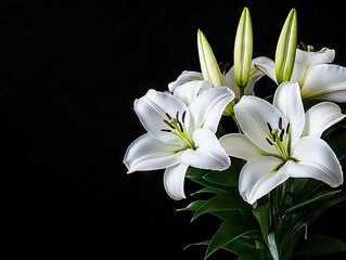 Fototapeta premium Elegant white lilies in bloom nature photography indoor setting close-up view serenity and beauty