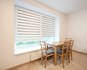 Cozy Home Dining Room Interior with Wooden Furniture and Modern Window Blinds
