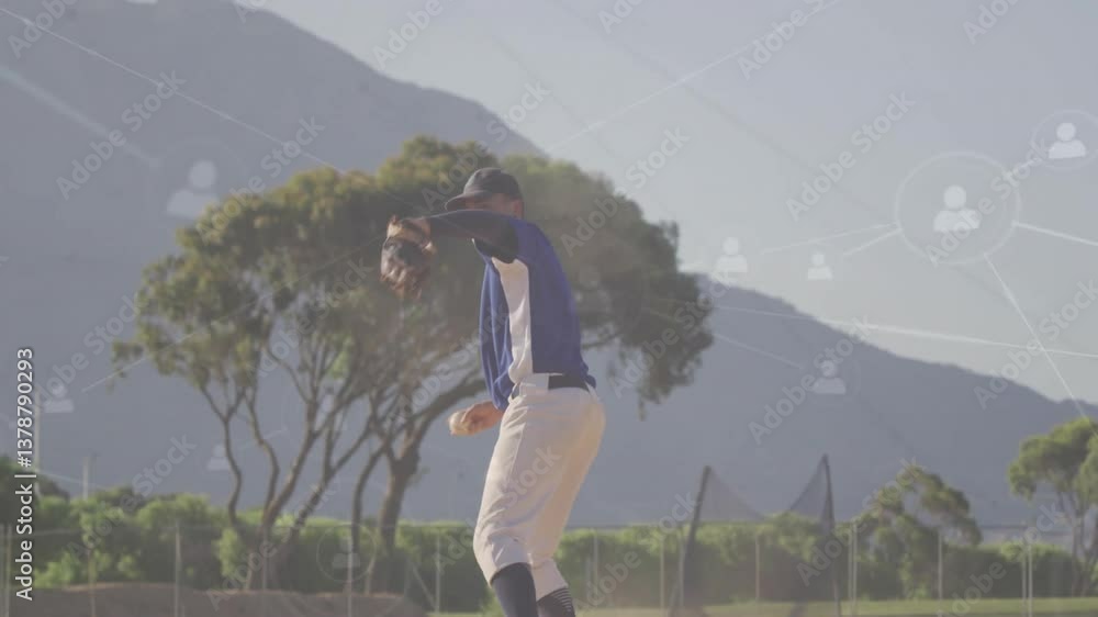 Poster baseball player pitching on field with network connections animation over landscape