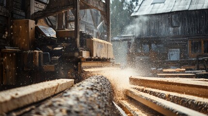 Fototapeta premium Sawmill. Process of machining logs in equipment sawmill machine saw saws the tree trunk on the plank boards. Wood sawdust work sawing timber wood wooden woodworking