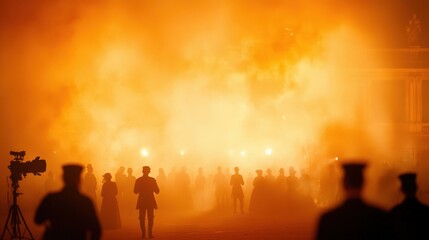 Silhouetted Crowd in Orange Haze, Mysterious silhouettes amidst an orange fog.