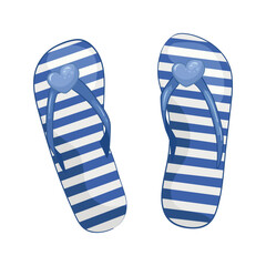 Striped blue and white beach slippers with cute hearts. Beach summer shoes. Bathroom foot accessories. Vector colorful flip flops from summer collection. For stickers, decoration and design.