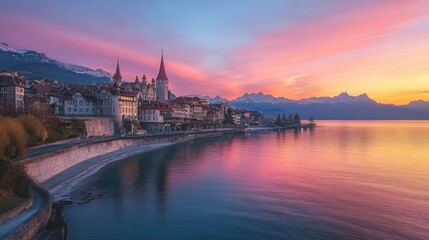 Fototapeta premium Dramatic clouds and sun rays overlook Lausanne and Lake Geneva, capturing a striking sunset scene filled with warm and cool contrasts in the sky.