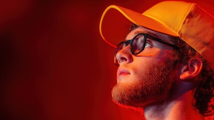 Young Man in Yellow Cap, Red Light, Close up portrait of a young man with glasses and a yellow cap in red light.